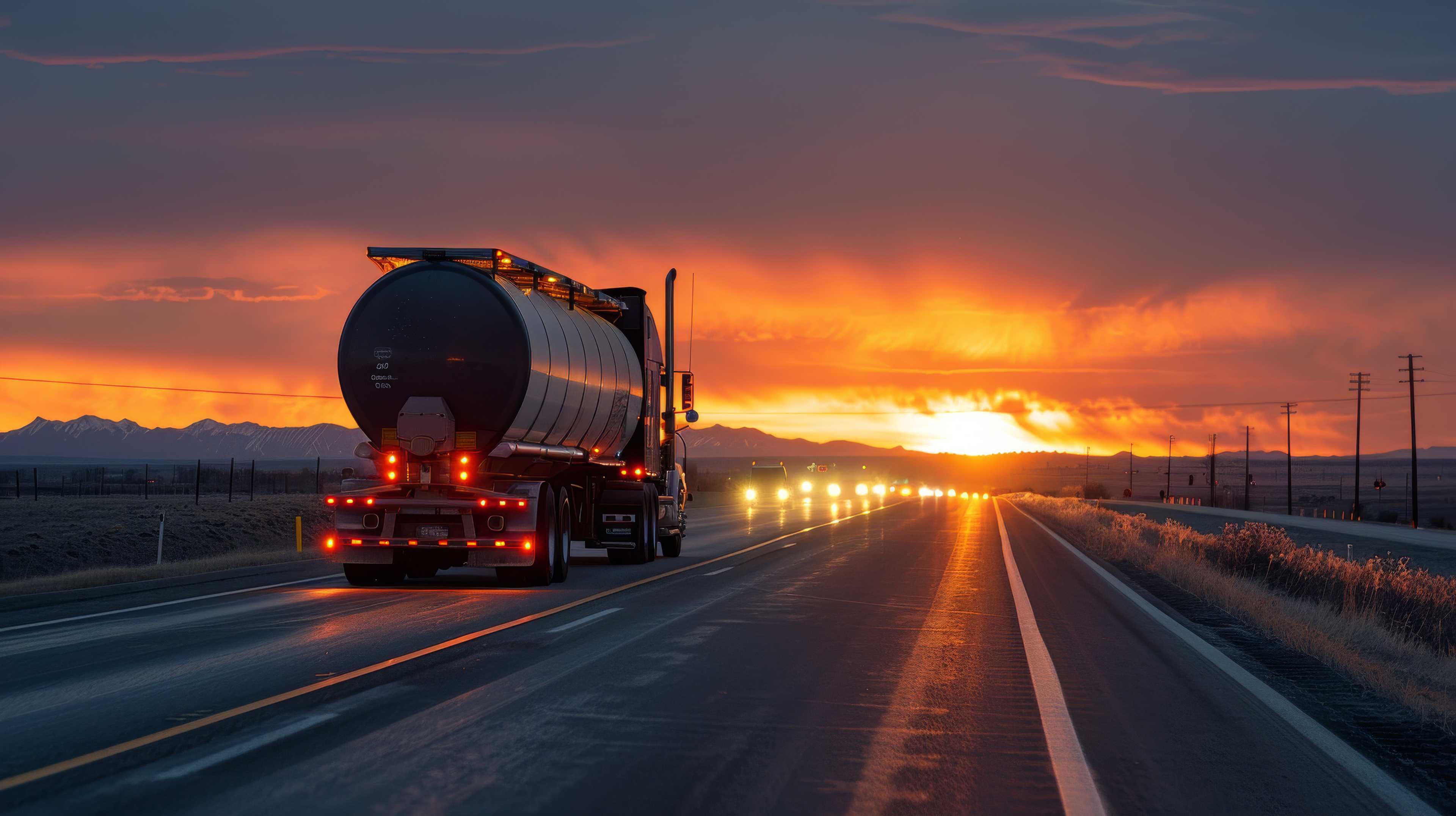 Tanker Truck on Open Highway at Sunset – Journey Through Vast Landscapes