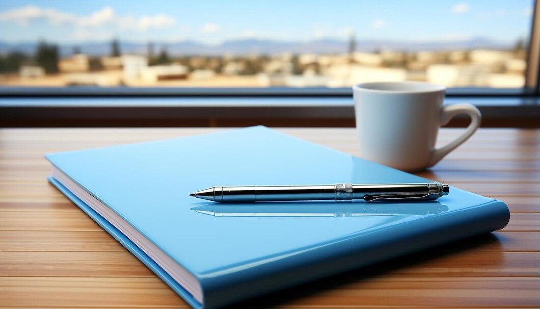 A close-up of a 3D rendering of a pen placed on top of a blue notebook, with a white coffee cup in the background, set on a wooden table near a window with a scenic view.