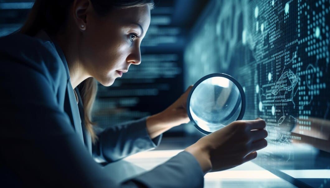 A woman in an office, using a magnifying glass to analyze data on a large screen.