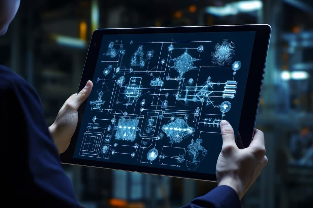 A person holding a tablet with complex diagrams and schematics displayed, suggesting analysis of technological systems