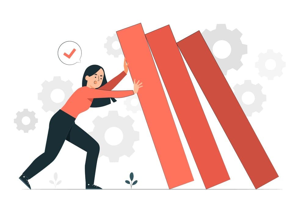 Illustration of a woman supporting toppling blocks, symbolizing fall prevention or crisis management