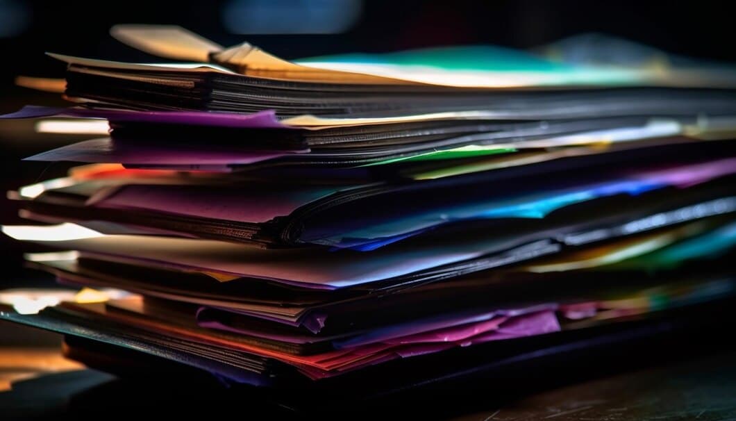 A stack of colorful documents and folders on the desk, suggesting a large amount of paperwork