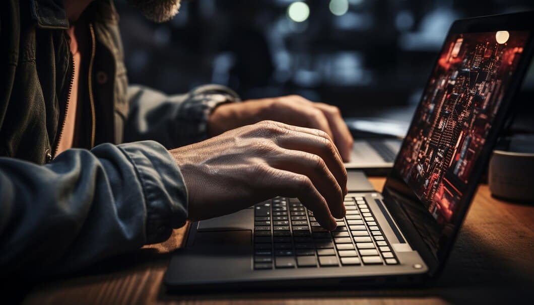 Close-up of a person typing on a laptop, with the screen displaying complex data or code, suggesting work on a technology or programming project