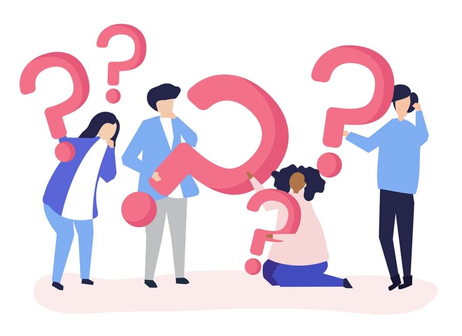 Illustration showing four people with large question marks, symbolizing uncertainty, questions or the search for solutions