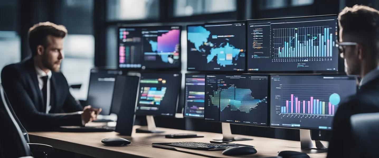 Two men in suits working at desks with multiple monitors displaying data, charts and maps