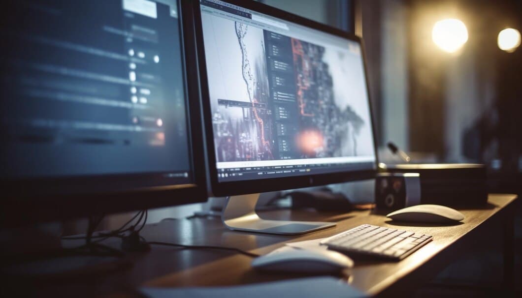 Nowoczesne laboratorium komputerowe z zaawansowanym sprzętem i technologią, z dwoma monitorami wyświetlającymi dane i kod, oświetlone delikatnym światłem.