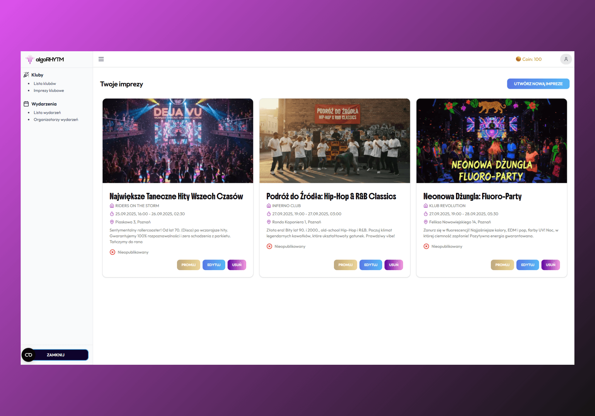 Wizualizacja panelu kreatora dla organizatorów