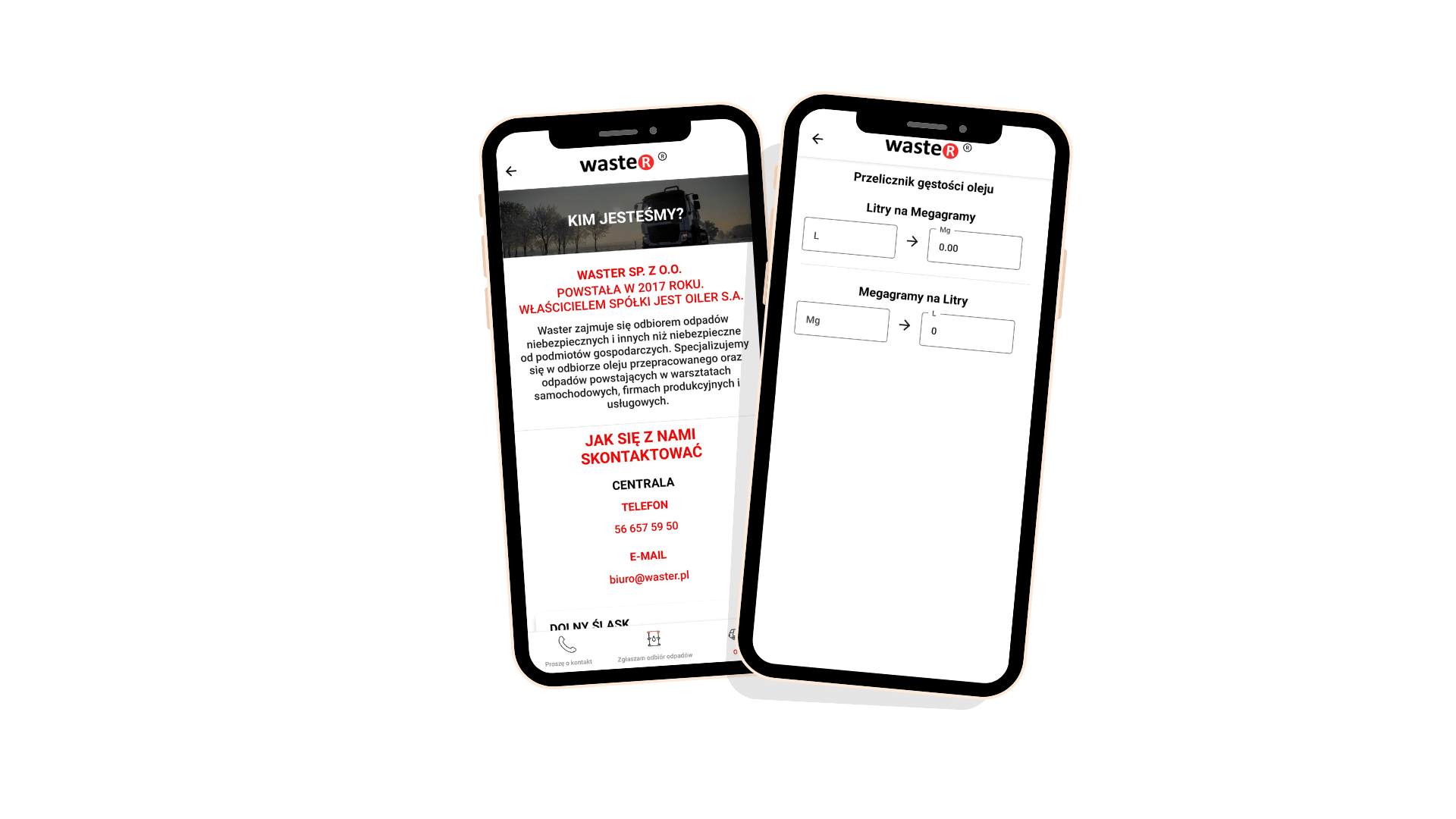 Widok aplikacji mobilnej Waster