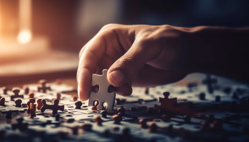 Zbliżenie na rękę układającą puzzle, co symbolizuje rozwiązywanie problemów, analizę i cierpliwość.