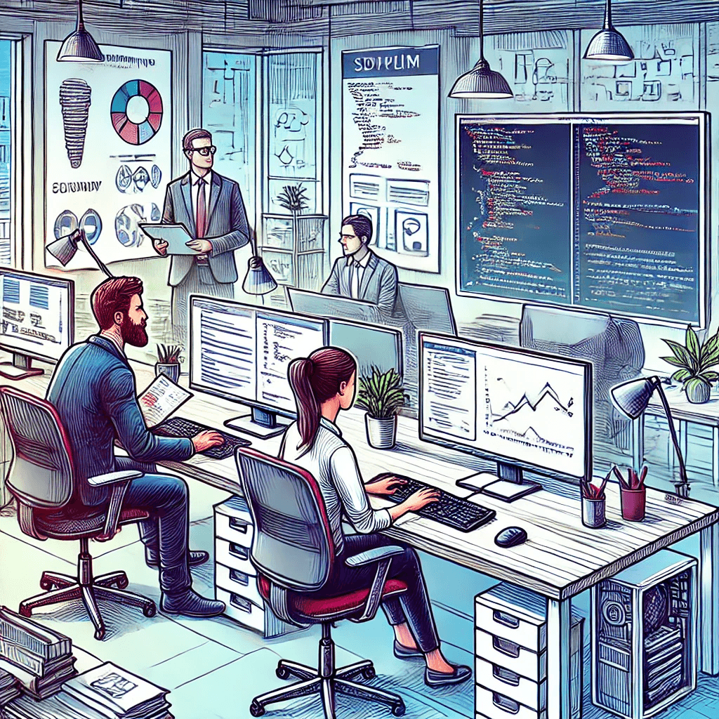 An illustration showing a modern office with several employees working at computers.