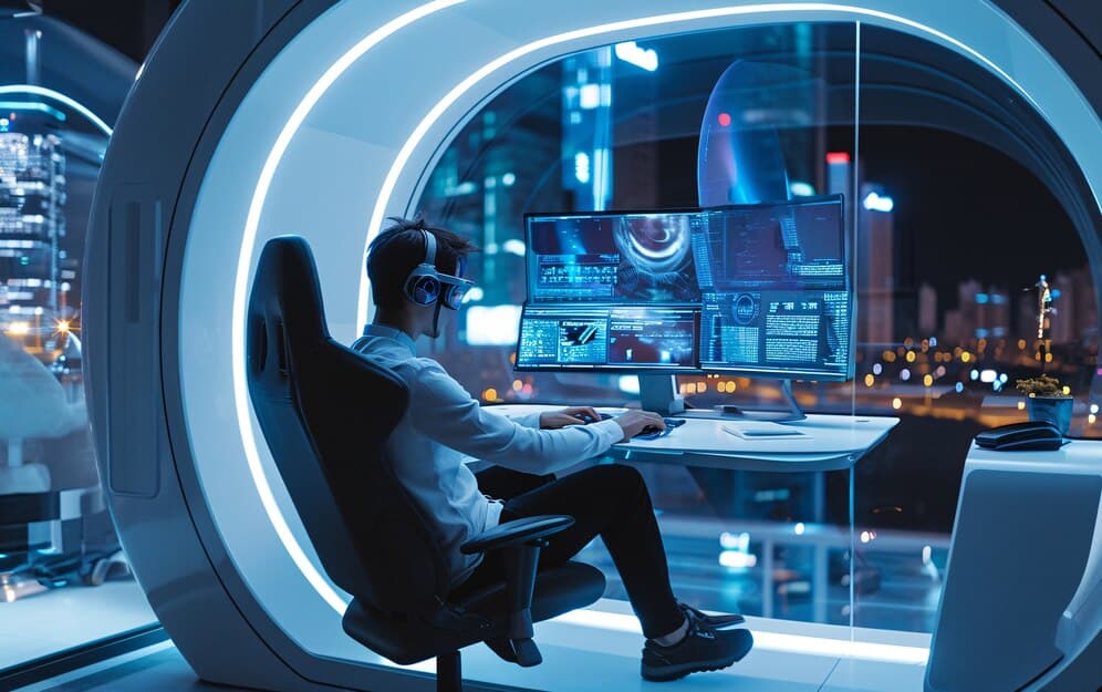 Futurystyczna perspektywa stylu życia cyfrowych nomadów, przedstawiająca osobę pracującą na wielu ekranach w zaawansowanym technologicznie, oświetlonym miejscu pracy z widokiem na nocną panoramę miasta.