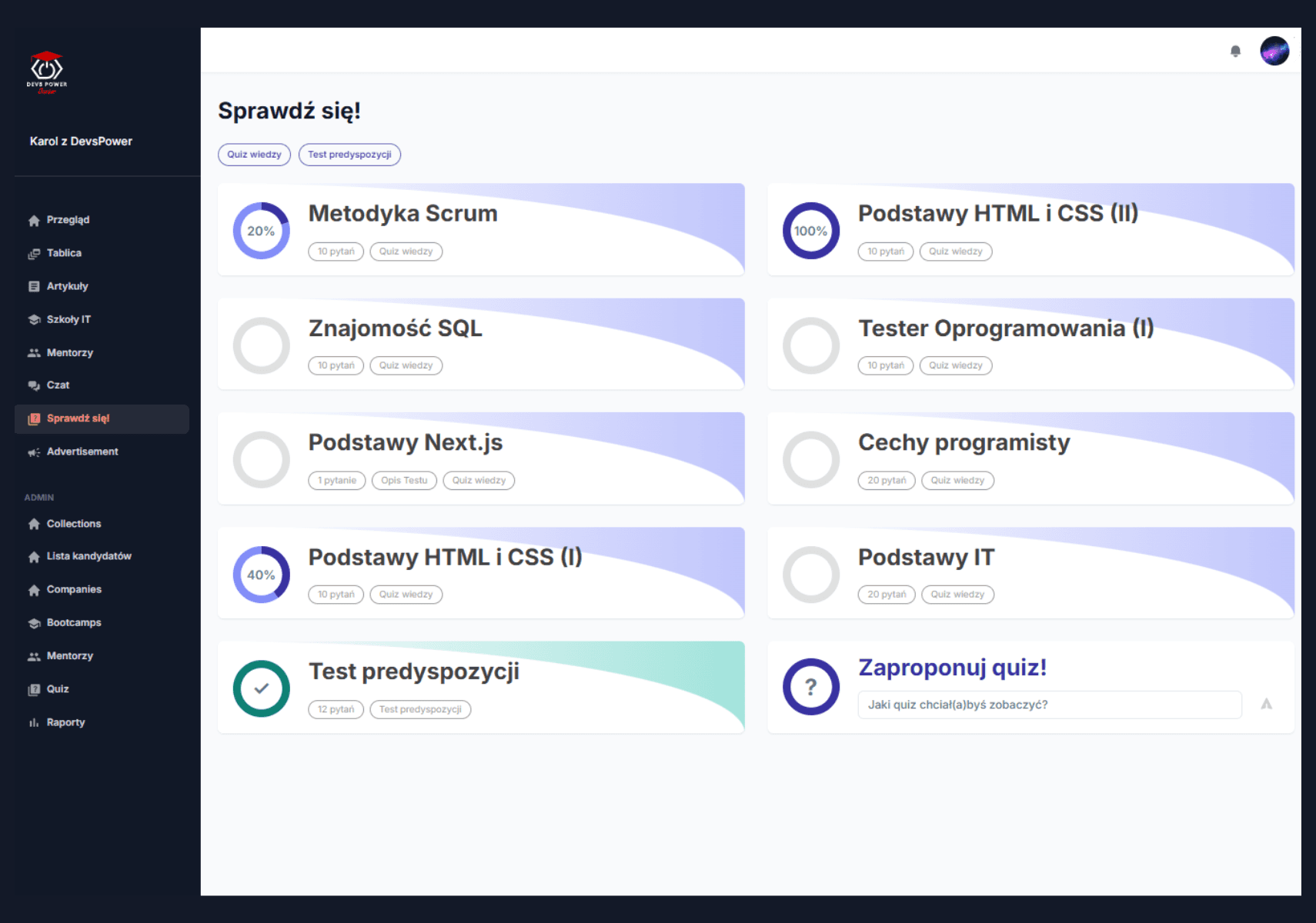 DevsPower Junior - view of one of the quiz questions on the platform